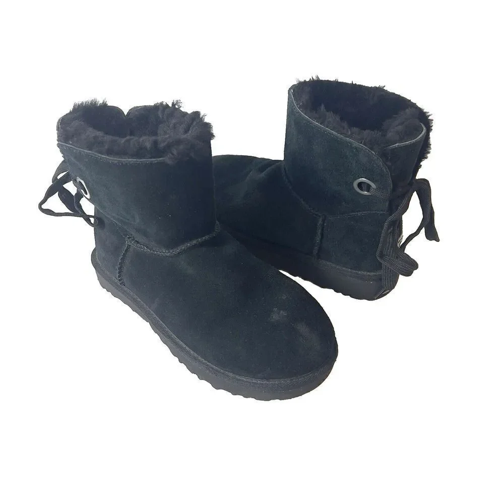 UGG Short Black Suede Winter Boots Womens 6 Pull On Sherpa Lining Comfort Casual